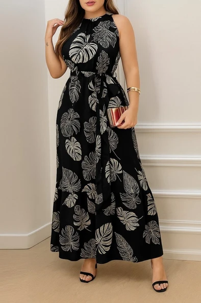 Kadın Sıfır Kok Bağcıklı Kemerli Etek Ucu Fırfırlı Desenli Süprem Elbise ürün görseli