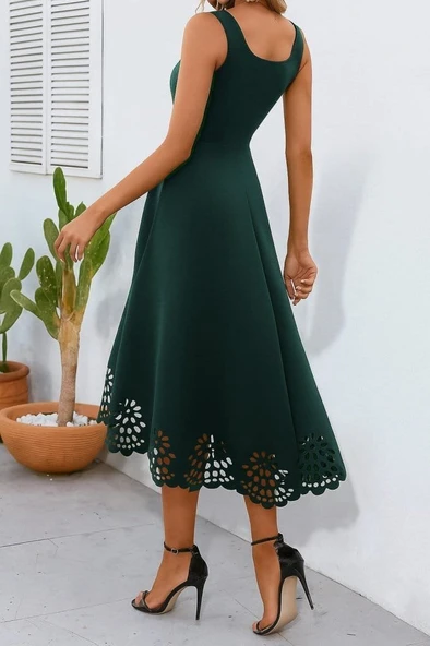 Kadın Askılı Geometrik Yaka çiçek Lazer Kesim Ithal Krep Elbise - Resim 6