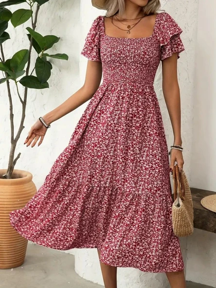 Kadın Kısa Kollu Gipe Detaylı Desenli Midi Süprem Elbise - Resim 2