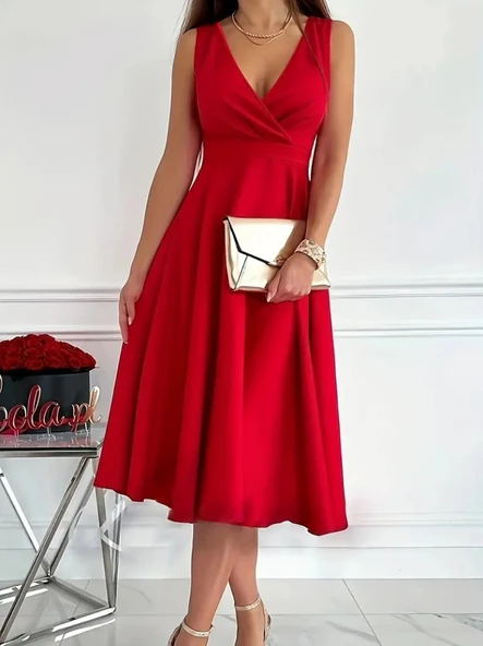 Kadın Ithal Krep Kumaş Kruvaze Yaka Eteği Kloş Kolsuz Mini Elbise - Resim 2