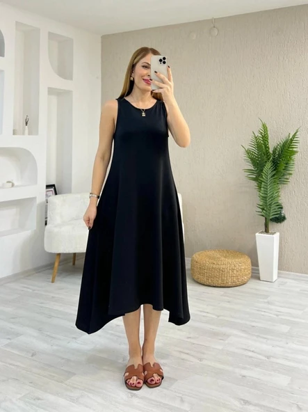 Kadın Askılı Yuvarlak Yakalı Asimetrik Kesim Detaylı Viskon Elbise - Resim 3