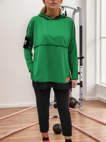 Kadın Yeşil Kapşonlu Etek Ucu Detay Arma Ters Dikiş Gorunumlu Ikili Takım - Resim 22