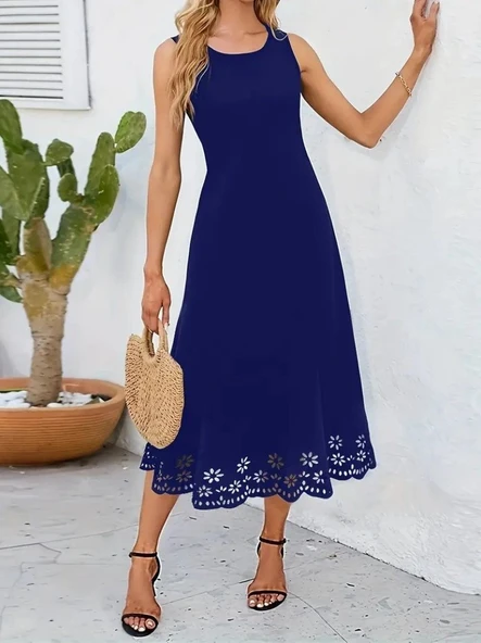 Kadın Kolsuz Etek Ucu Lazer Kesim çiçek Desenli Midi Boy Ithal Krep Elbise - Resim 5