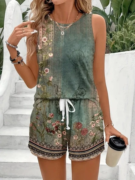 Kadın Askılı Yuvarlak Yaka çiçek Baskılı Süprme Bluz Ve Short Ikili Takım - Resim 10