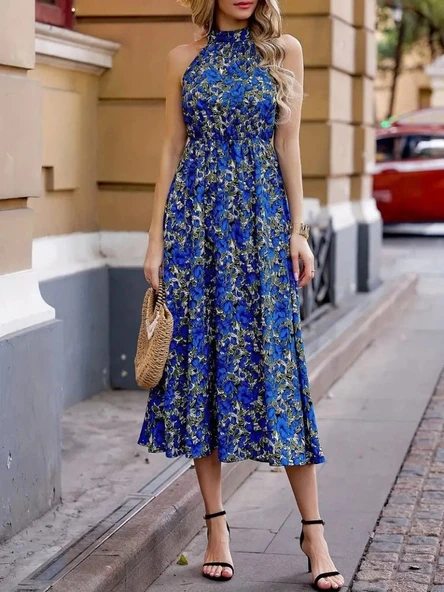 Kadın Omuzlardan Açık Daire Yaka Desenli Maxi Süprem Elbise - Resim 3