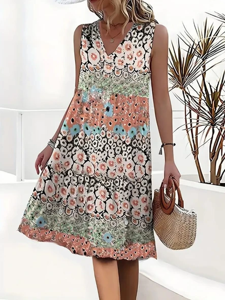 Kadın Kolsuz V Yaka çiçek Desenli Süprem Elbise - Resim 9