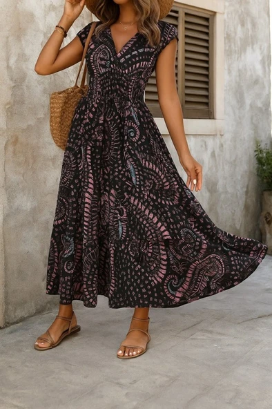 Kadın Kısa Yarasa Kanat Kollu V Yakalı Beli Büzgülü Süprem Elbise ürün görseli