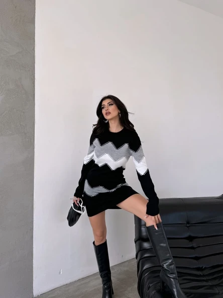 Kadın Uzun Kollu Zigzag Desen Triko Elbise - 3