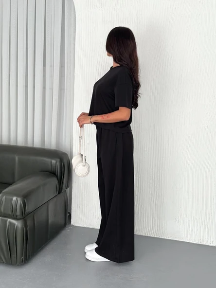 Osy Modal Yumuşak Dokulu Kumaş Bisiklet Yaka T-shirt Bol Paça Pantalon Ikili Takım -Siyah - Resim 3