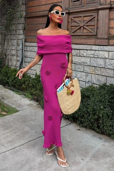 Eteği Gül Detay Madonna Yaka Elbise 2863 ürün görseli