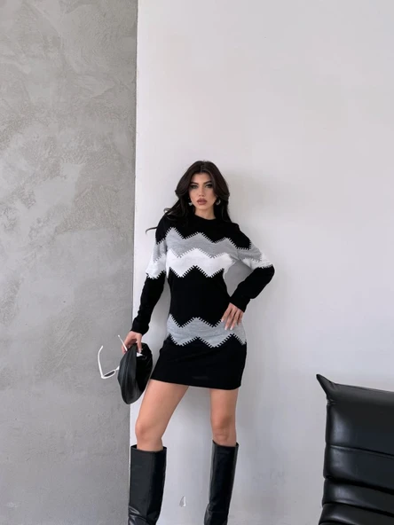 Kadın Uzun Kollu Zigzag Desen Triko Elbise - 4