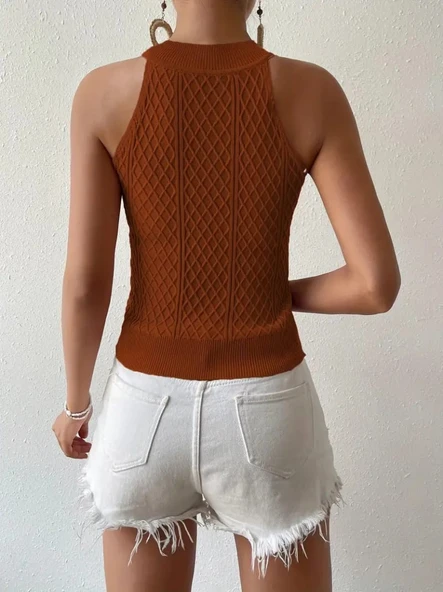 Kadın Kolsuz Halter Yaka Mini Baklava Desenli Triko Bluz - Resim 6