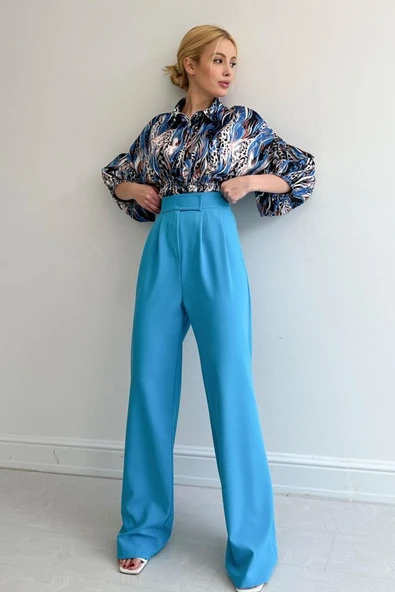 Beli Lastikli Saten Gömlek - Mavi ürün görseli