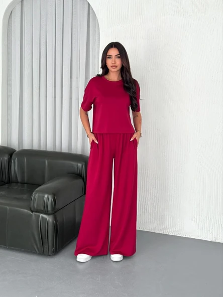 Osy Modal Yumuşak Dokulu Kumaş Bisiklet Yaka T-shirt Bol Paça Pantalon Ikili Takım -Bordo - Resim 4