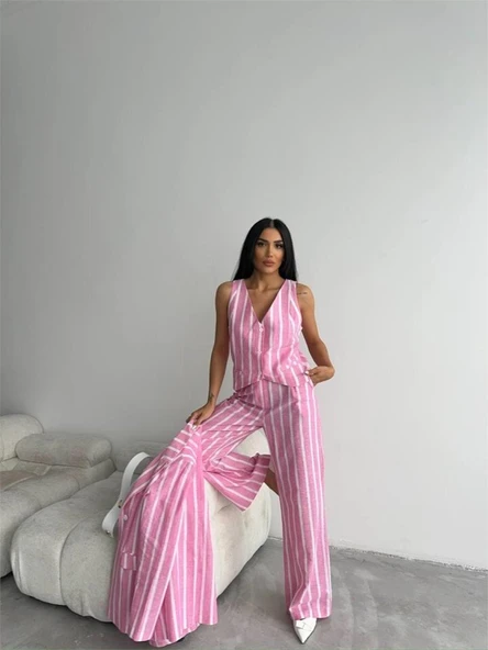 ÇİZGİLİ KETEN YELEK-PANTOLON TAKIM - Pembe - 1