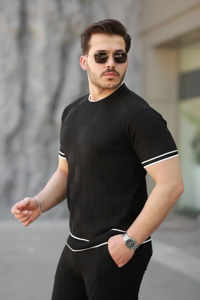 Erkek Jakarlı Ribanalı Kısa Kollu T-shirt - Resim 2