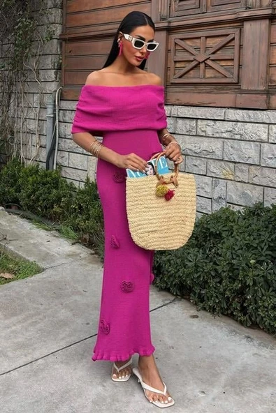 Eteği Gül Detay Madonna Yaka Elbise 2863 - Resim 6