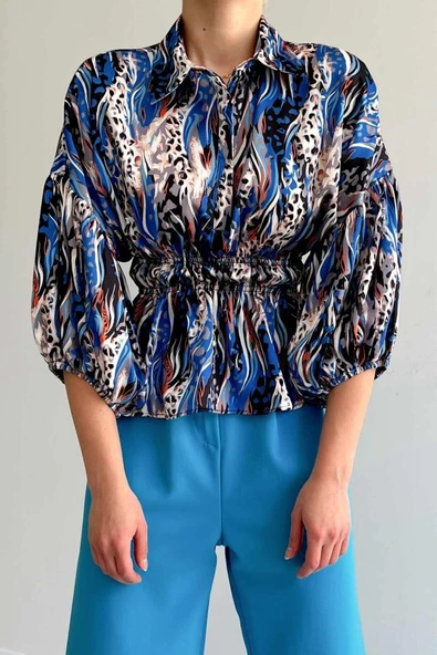 Beli Lastikli Saten Gömlek - Mavi - Resim 3