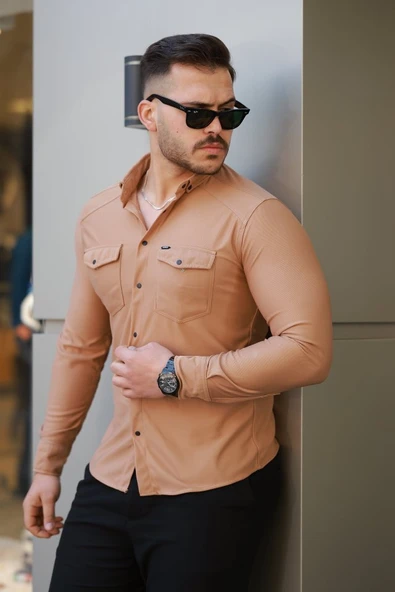 Erkek çift Cepli çıtçıt Düğmeli Uzun Kollu Gömlek ürün görseli