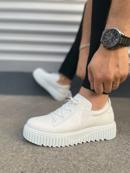 JY502 Bold Bağcıklı Cilt Erkek Günlük Sneaker Ayakkabı CBT - Beyaz - Resim 3