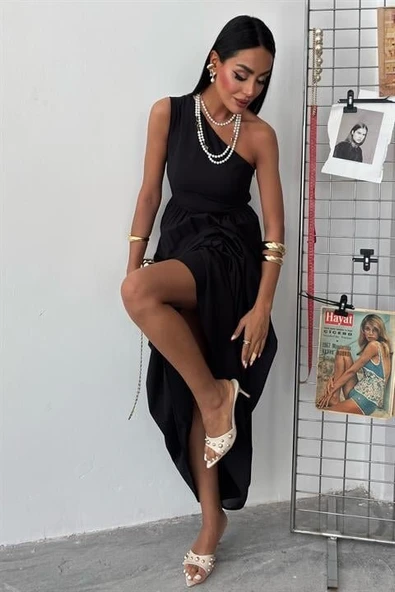 Tek Omuzlu Pile Detay Maxi Elbise 2895 - Resim 2