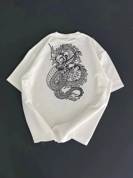 Baskılı Oversize Bisiklet Yaka T-shirt - Beyaz - 3