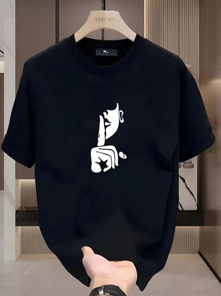 Rahat Bisiklet Yaka Tişört, Yaratıcı Karikatür Baskı - Yumuşak Polyester, Her Mevsim Giyilebilir- Siyah ürün görseli