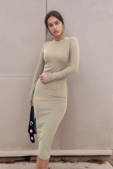 Kadın Yarım Balıkçı Yaka Süet Kumaş Fırsat ürün Midi Boy Elbise - Resim 2