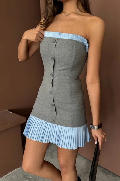 STRAPLEZ POLVİSKON ELBİSE MAVİ FIRFIR DETAYLI - Gri - Resim 2