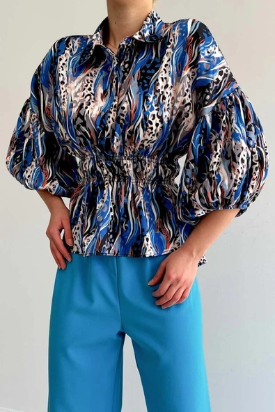 Beli Lastikli Saten Gömlek - Mavi - Resim 2