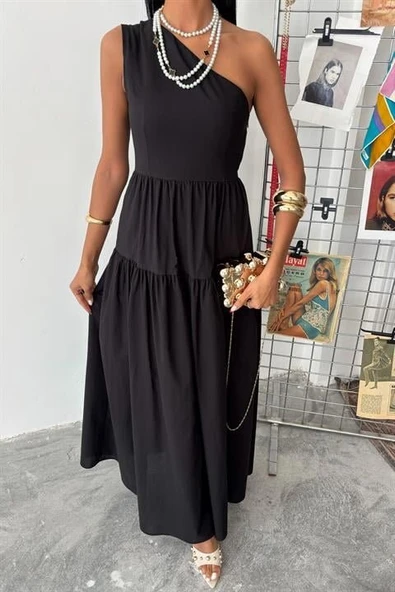 Tek Omuzlu Pile Detay Maxi Elbise 2895 - Resim 3