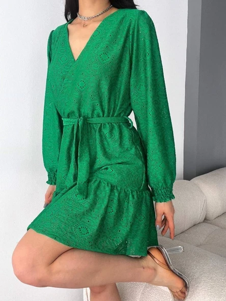 Kadın Fırsat ürünü Kruvaze Yaka Güpürlü Mini Elbise - Resim 3