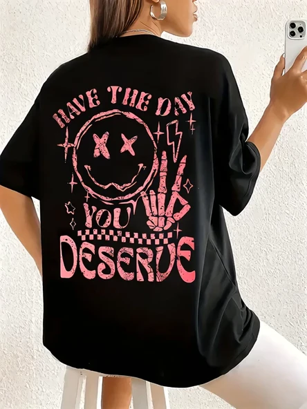 Baskılı Oversize Bisiklet Yaka T-shirt - Siyah - 1