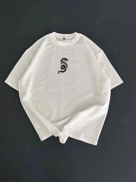 Baskılı Oversize Bisiklet Yaka T-shirt - Beyaz - 1