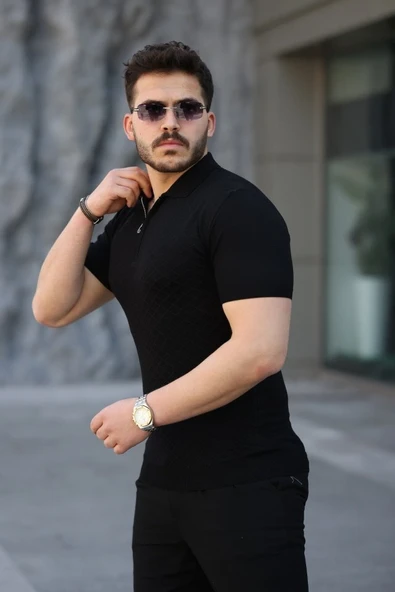 Erkek Viskon Kumaş Polo Yaka Desenli Tişört - Resim 2