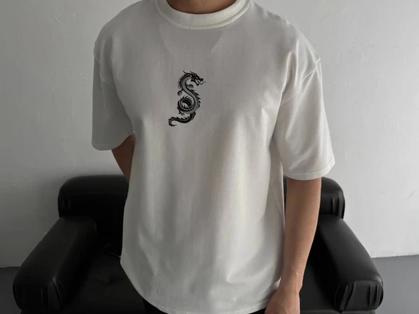 Baskılı Oversize Bisiklet Yaka T-shirt - Beyaz - 2