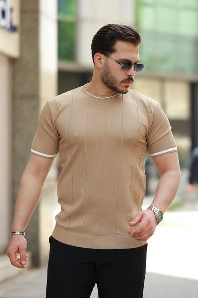 Erkek Bisiklet Yaka çizgi Desenli Ribanalı Kısa Kollu Tshirt - 1