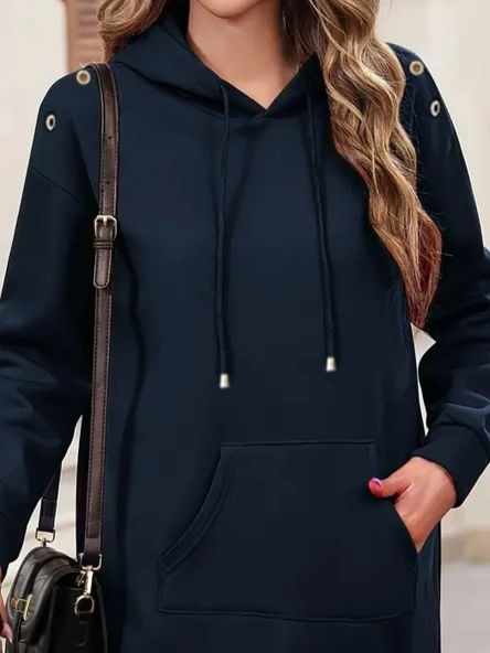 Kadın Uzun Kollu şardonlu Omuz Kuşgöz Detay Eteği Ribanalı Kapşonlu Iki Iplik Elbise - Resim 2