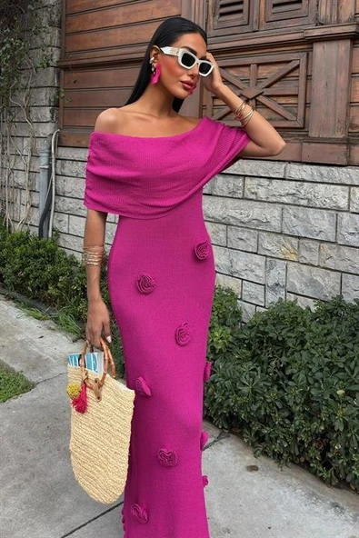 Eteği Gül Detay Madonna Yaka Elbise 2863 - Resim 8