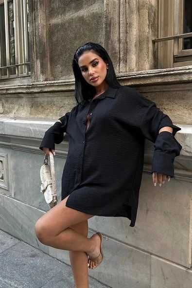 Alina Kol Cut Out Keten Gömlek 3252-08 - Resim 4