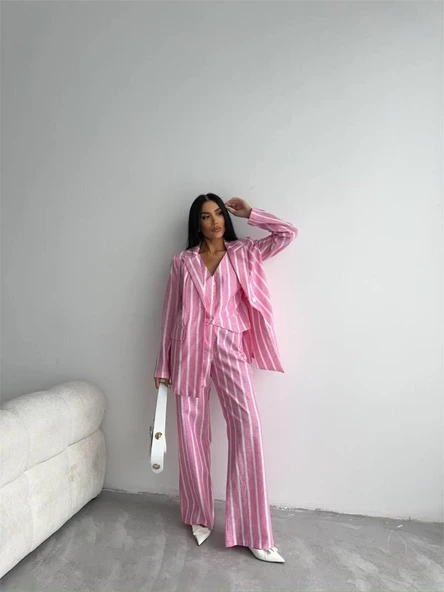 ÇİZGİLİ KETEN YELEK-PANTOLON TAKIM - Pembe - 4