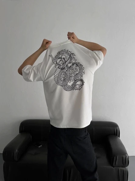 Baskılı Oversize Bisiklet Yaka T-shirt - Beyaz - 4