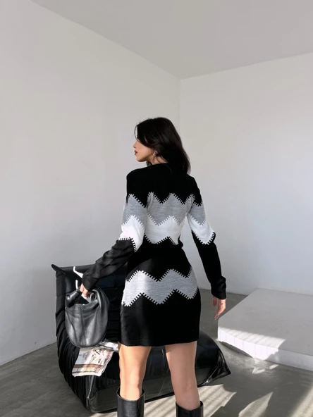 Kadın Uzun Kollu Zigzag Desen Triko Elbise - 8