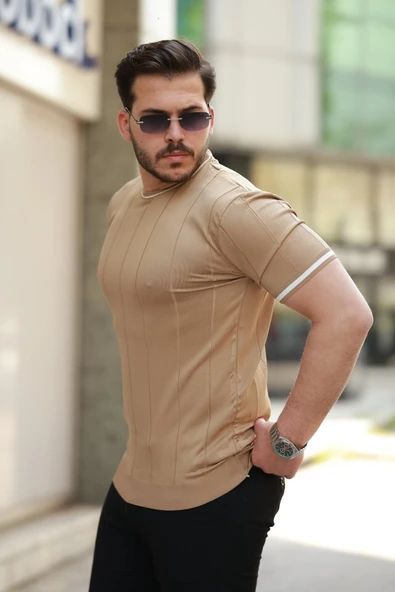 Erkek Bisiklet Yaka çizgi Desenli Ribanalı Kısa Kollu Tshirt - 2