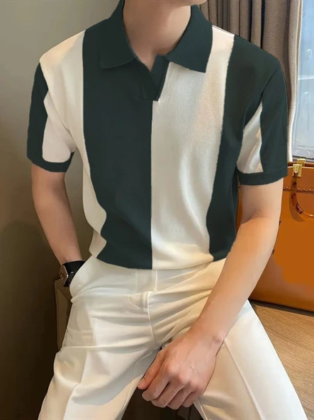 Erkek Kısa Kollu Polo Yakalı Blok Desenli Triko Bluz - Resim 3