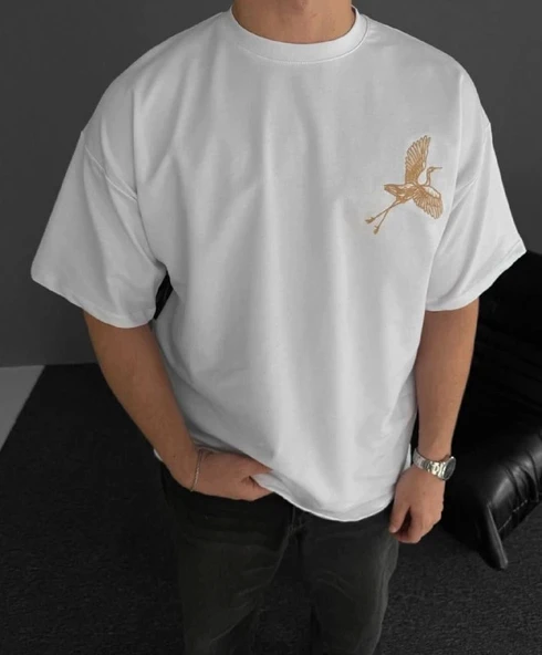 Ön Ve Arka Baskılı Oversize Bisiklet Yaka T-shirt - Beyaz - 2