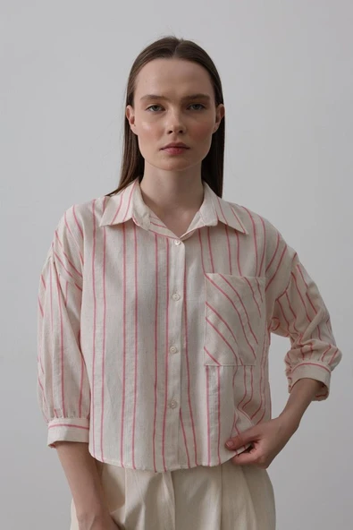 Çizgili Kısa Gömlek - Bej Pembe - Resim 3