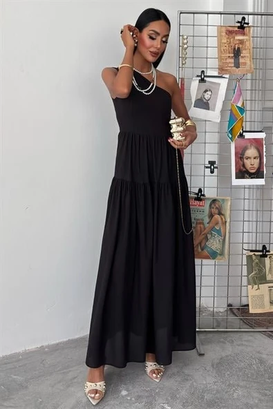 Tek Omuzlu Pile Detay Maxi Elbise 2895 - Resim 6