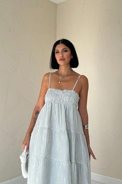 Mavi Askılı Parçalı Çizgili Müslin Elbise - Resim 2