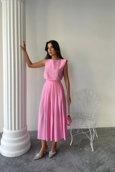 KETEN KOLSUZ BLUZ - MAXİ ETEK TAKIM - Pembe - 3